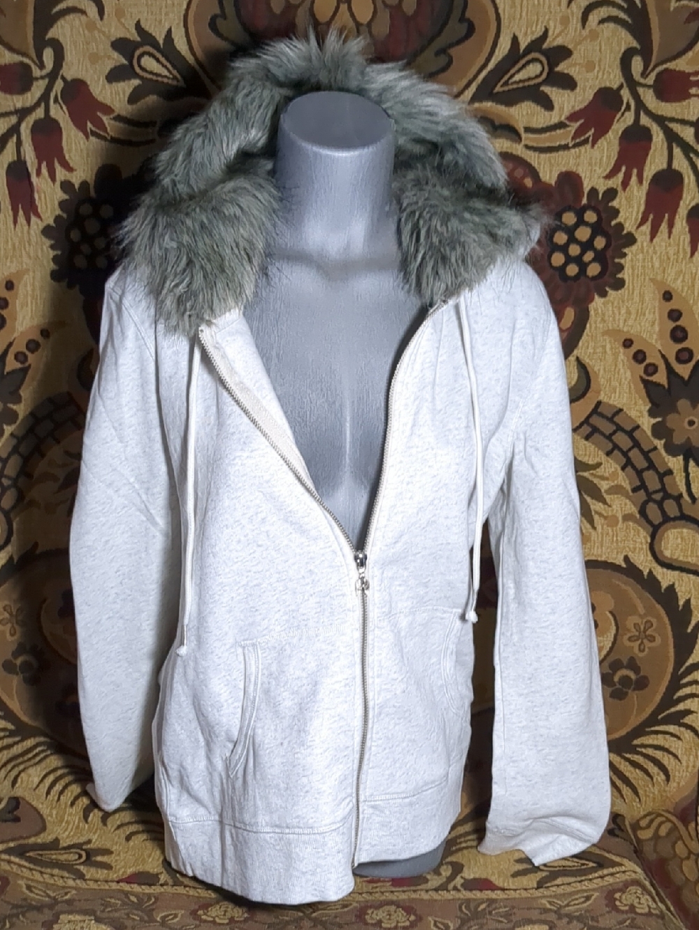 Victoria's Secret Light gray white Zip-Up Hoodie with Faux Fur Trim